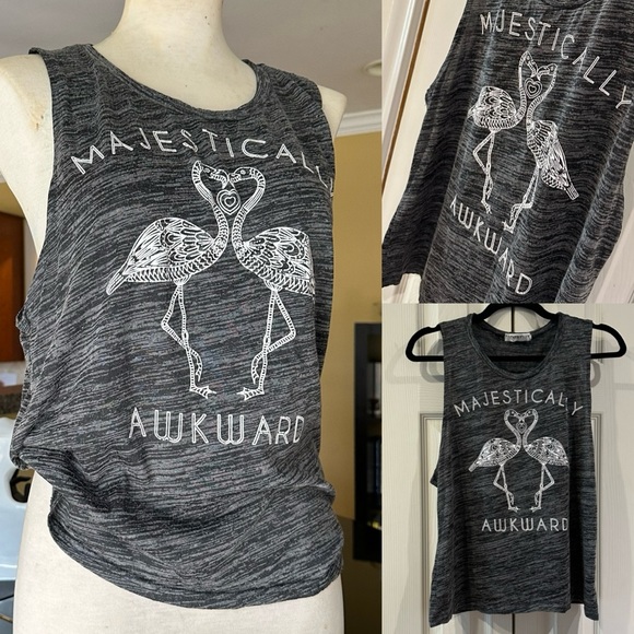 Majestically Awkward Flamingos Charcoal Gray Funny Graphic Muscle Tee Tank Top M - Picture 1 of 13